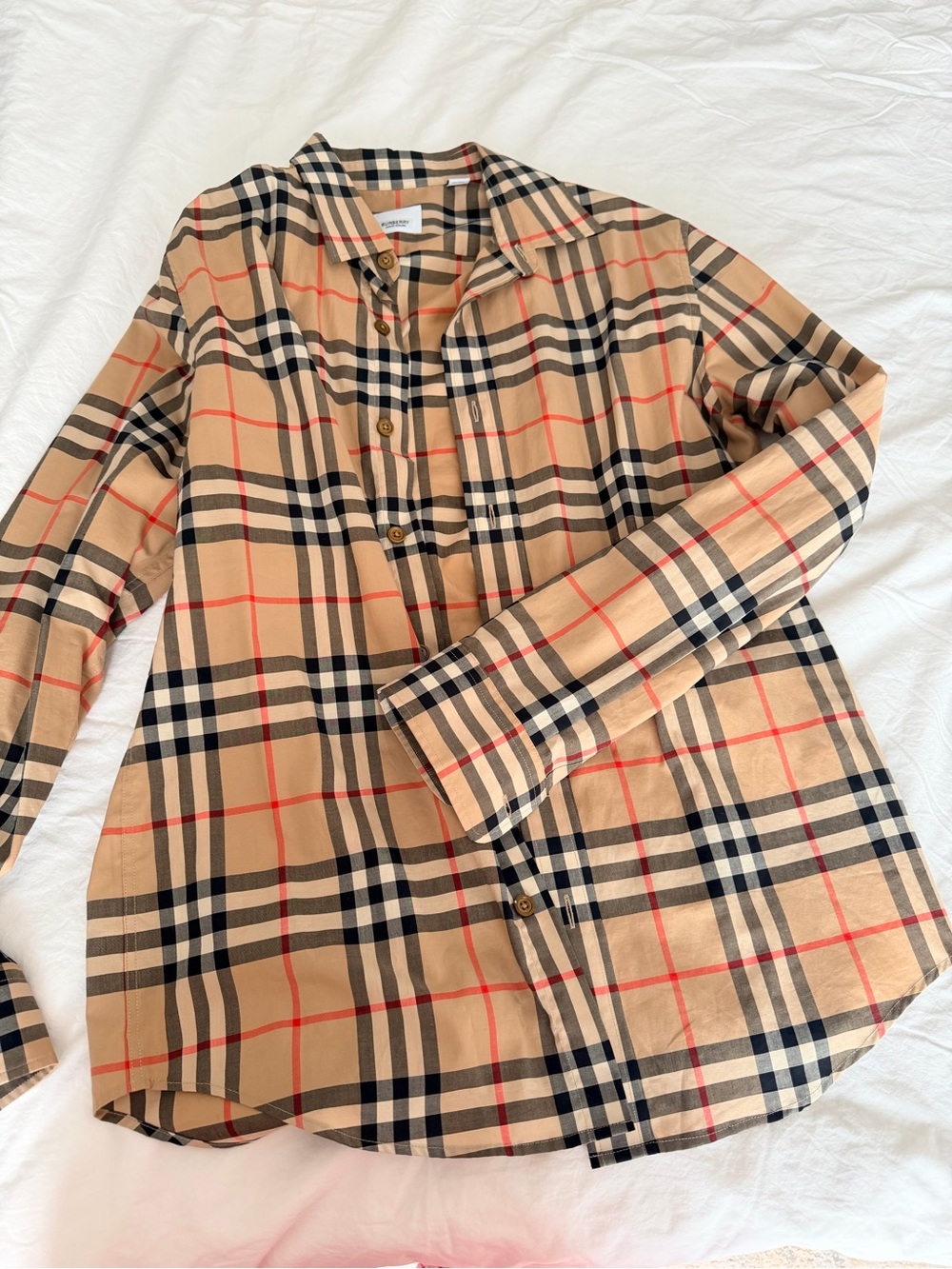 Burberry Beige Plaid Button-Down Shirt with Black & Red Check